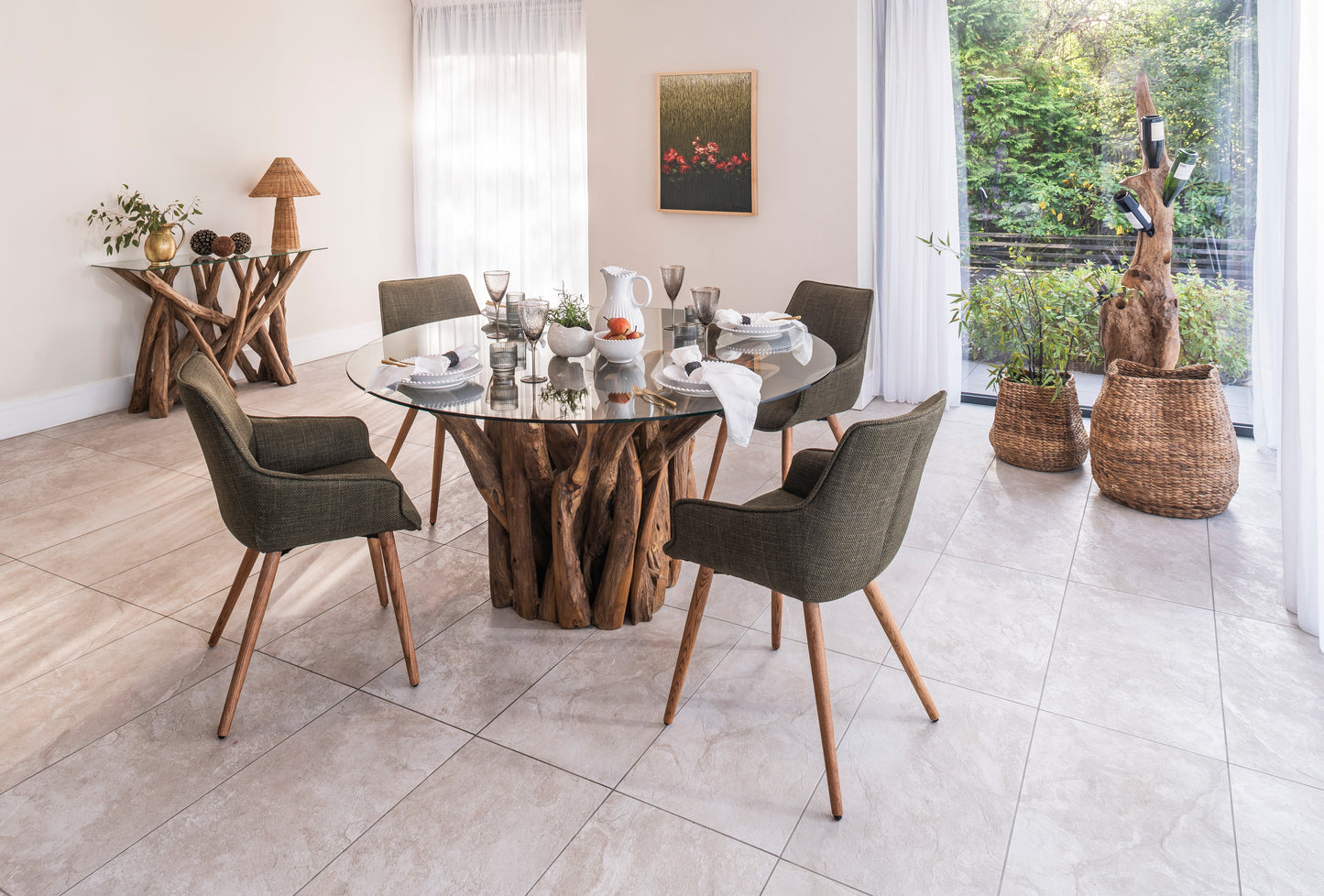 Round teak root dining table with tempered glass top – handcrafted wood base from the Branchwood Series, each piece uniquely shaped by nature