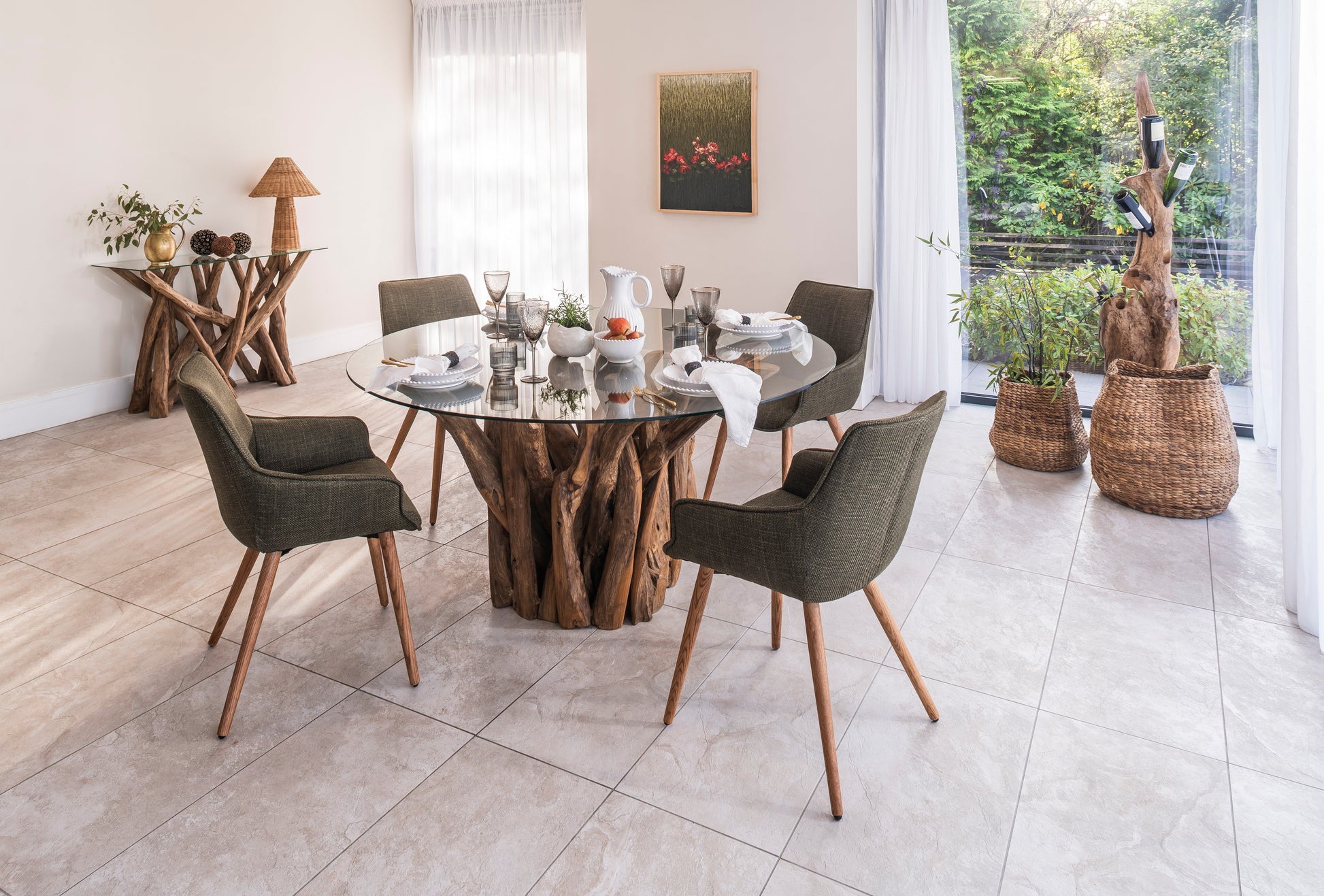 Round teak root dining table with tempered glass top – handcrafted wood base from the Branchwood Series, each piece uniquely shaped by nature