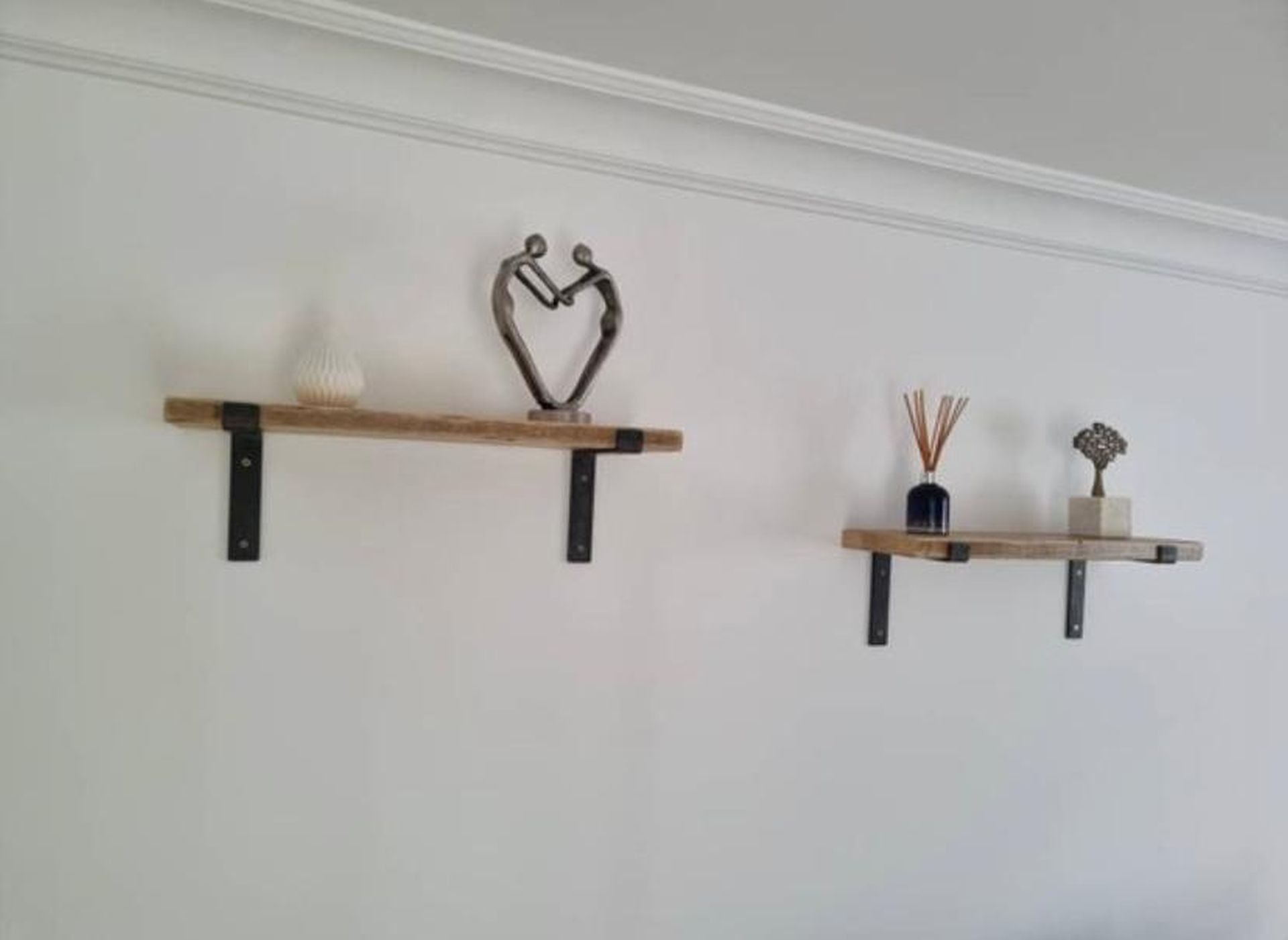 Reclaimed wood wall shelves with industrial or retro-style metal brackets – handmade to order with rustic finish