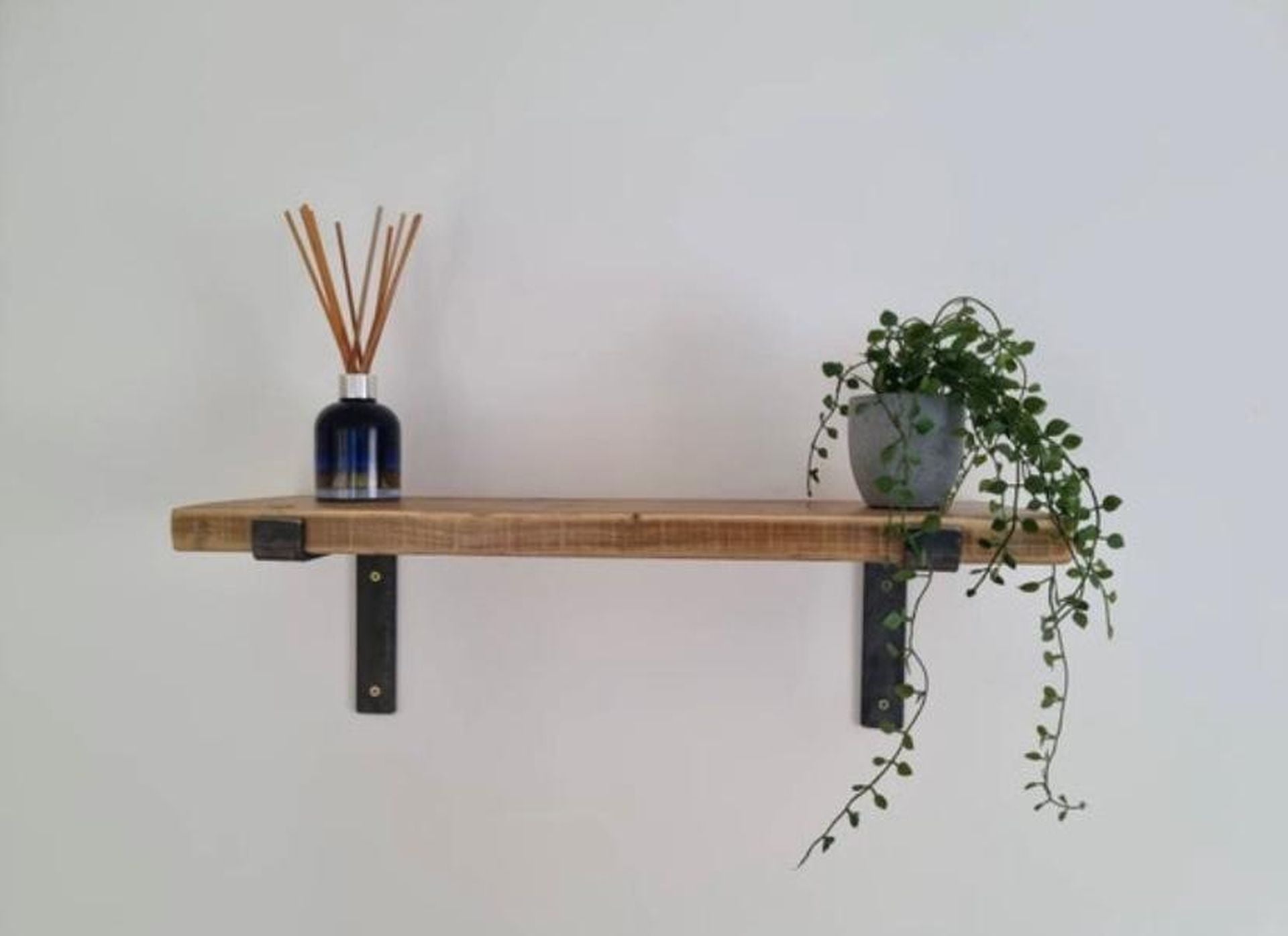 Reclaimed wood wall shelves with industrial or retro-style metal brackets – handmade to order with rustic finish