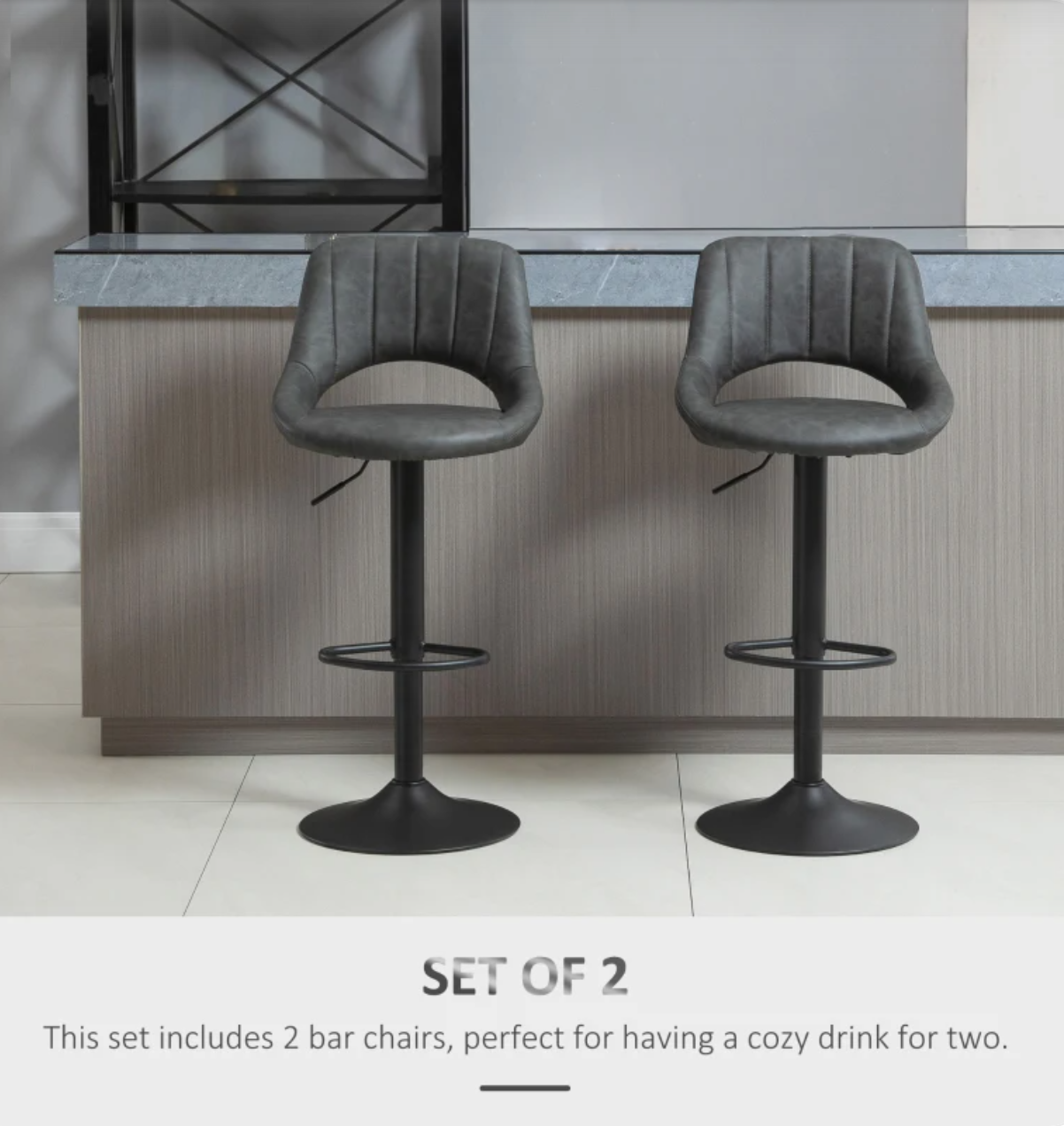 Adjustable swivel grey bar stools with curved PU leather seat and footrest – set of 2 counter height chairs for kitchen or dining