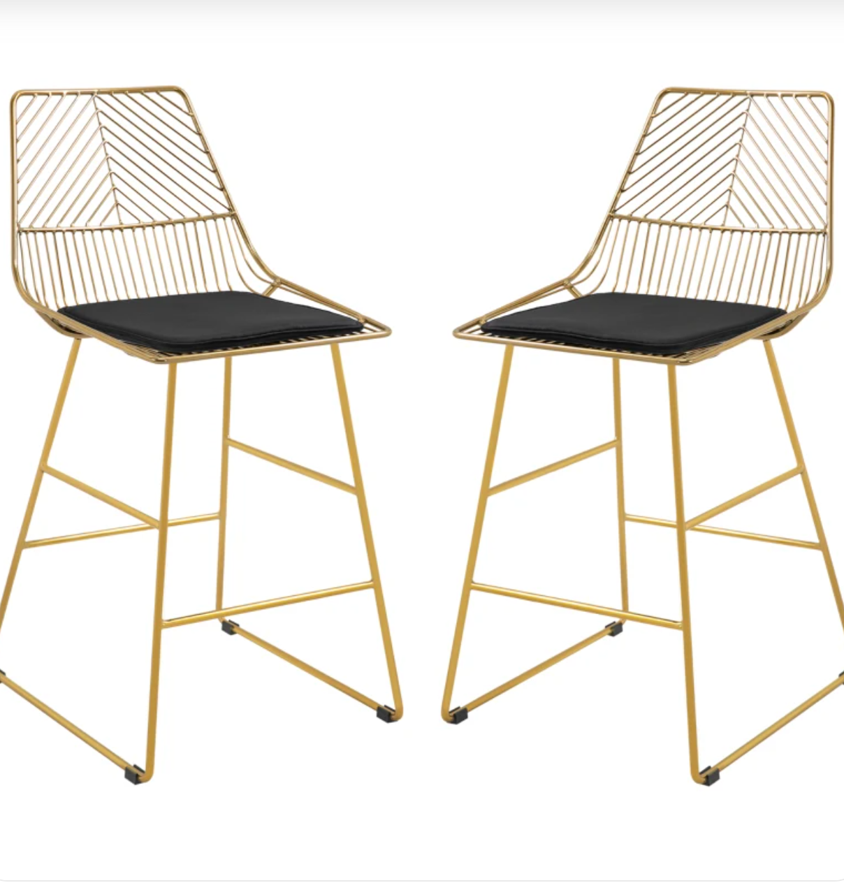 Modern gold bar stools with backrest and black cushion – set of 2 counter height chairs for kitchen or breakfast bar