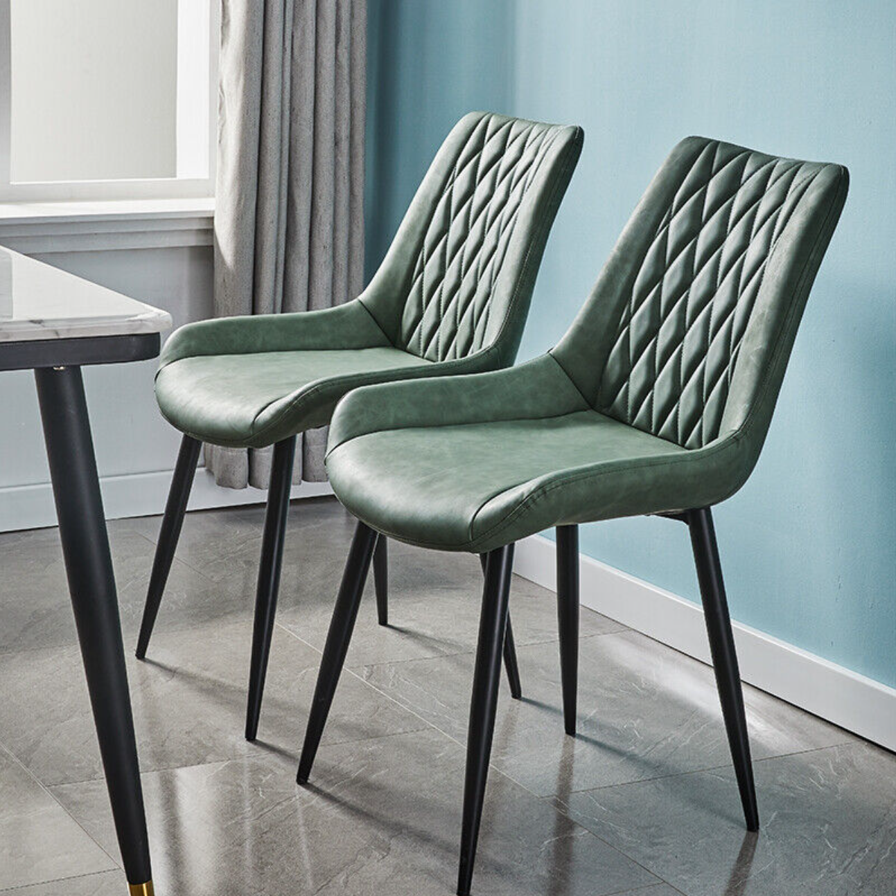 Green faux leather dining chair with diamond stitching and padded seat – set of 2