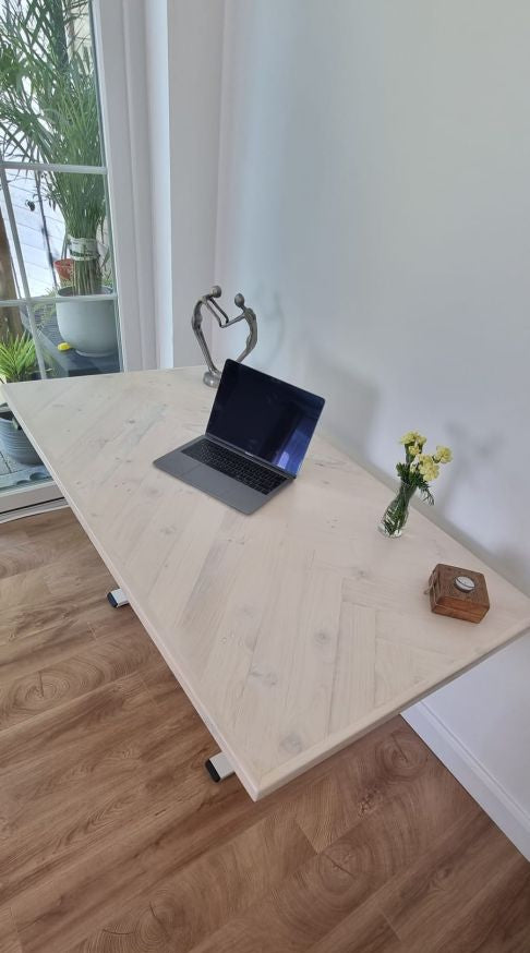 Adjustable height desk with reclaimed wood herringbone top and electric legs, featuring LED smart handset with memory presets and child lock – handcrafted sit-stand desk for home or office.