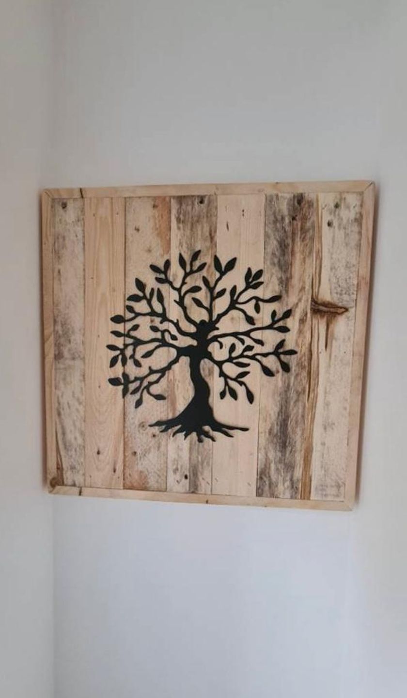 Handmade reclaimed wood wall art featuring Tree of Life or World Map metal inlay – rustic and eco-friendly décor piece