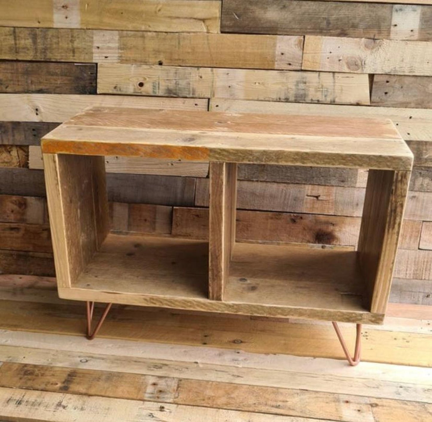 Reclaimed wood vinyl record cabinet with black hairpin legs – handcrafted DJ storage unit made to order